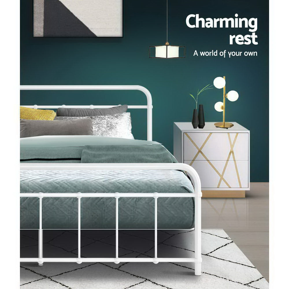 Queen Bed Frame Metal White with Under-Bed Storage