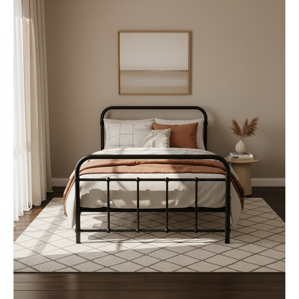 Single Bed Frame Metal Black Country-Style with Storage