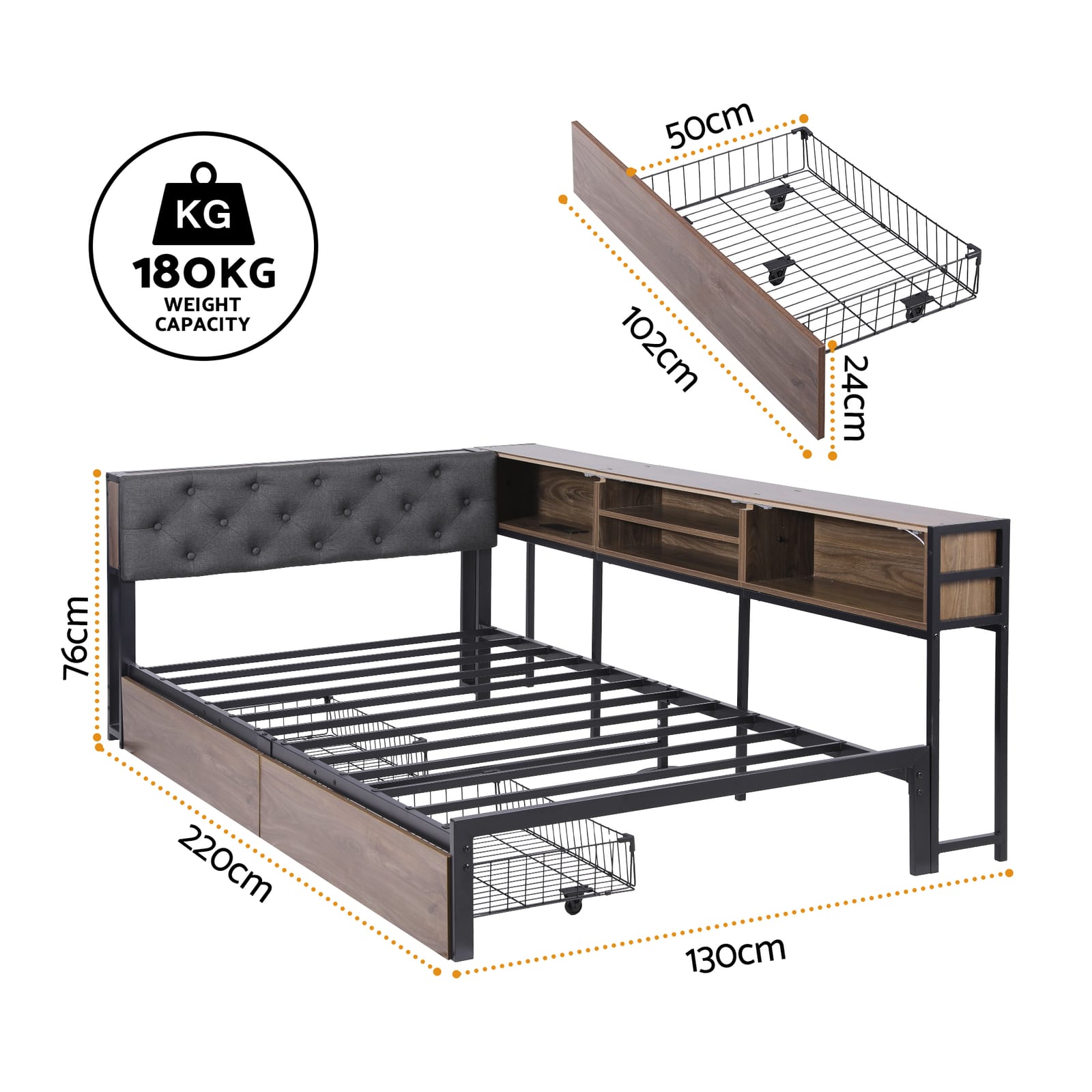 King Single Bed Frame With Drawers 107x203cm