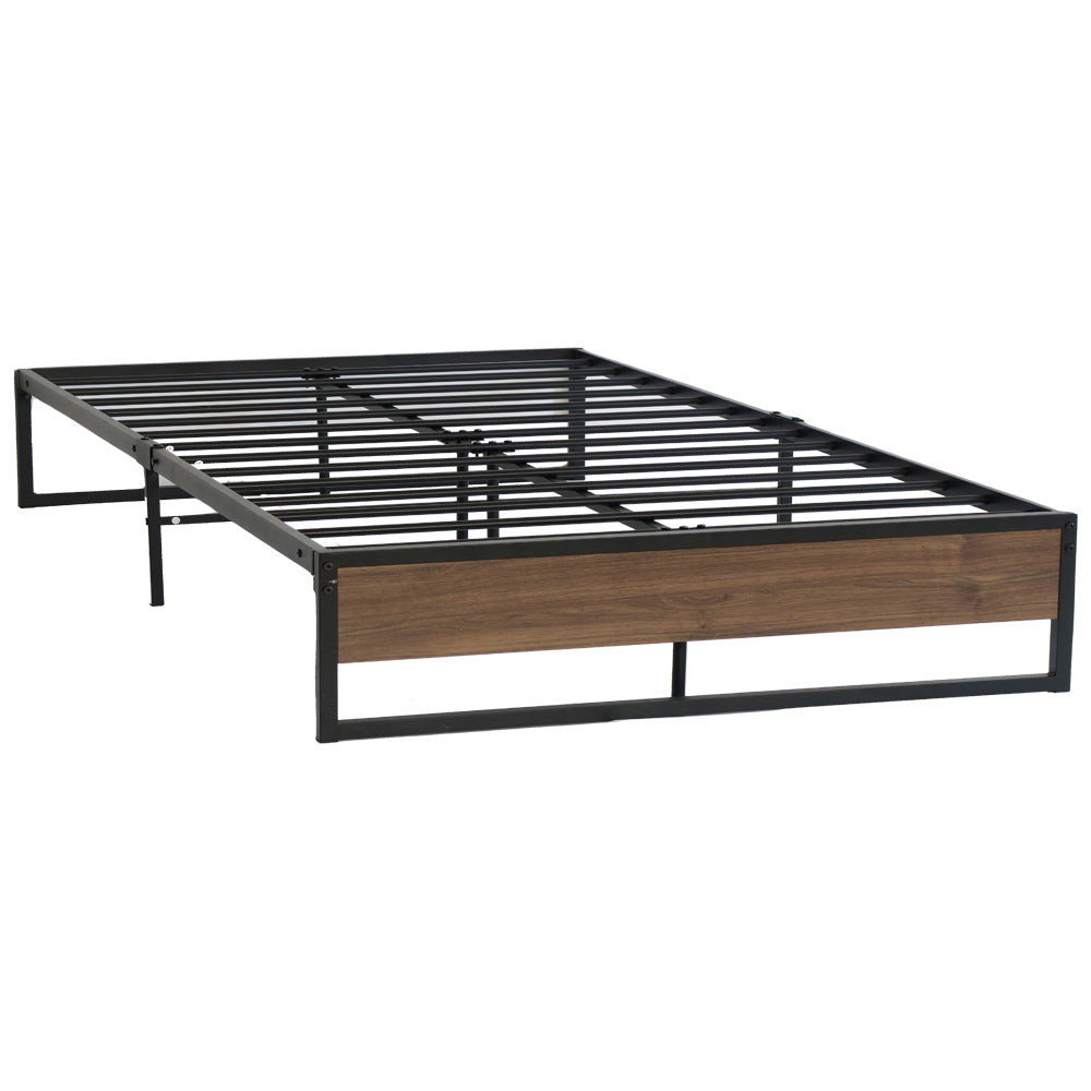 Double Bed Frame Industrial Metal & Wood Black Powder-Coated