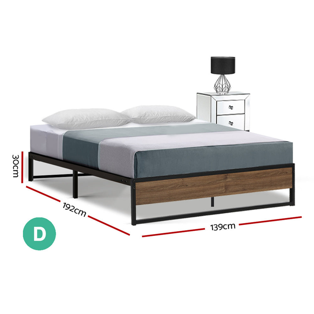Double Bed Frame Industrial Metal & Wood Black Powder-Coated