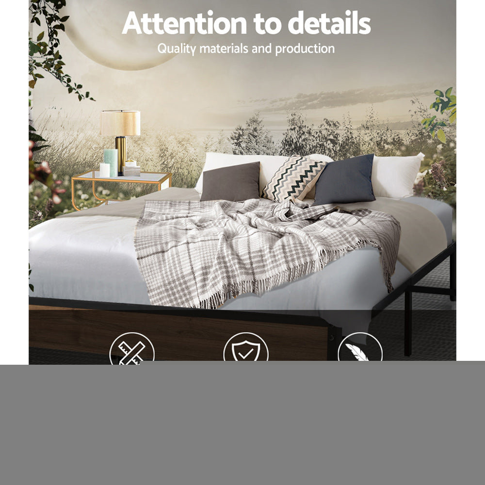 Double Bed Frame Industrial Metal & Wood Black Powder-Coated