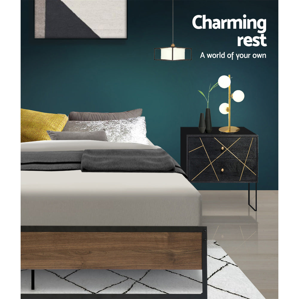 Double Bed Frame Industrial Metal & Wood Black Powder-Coated