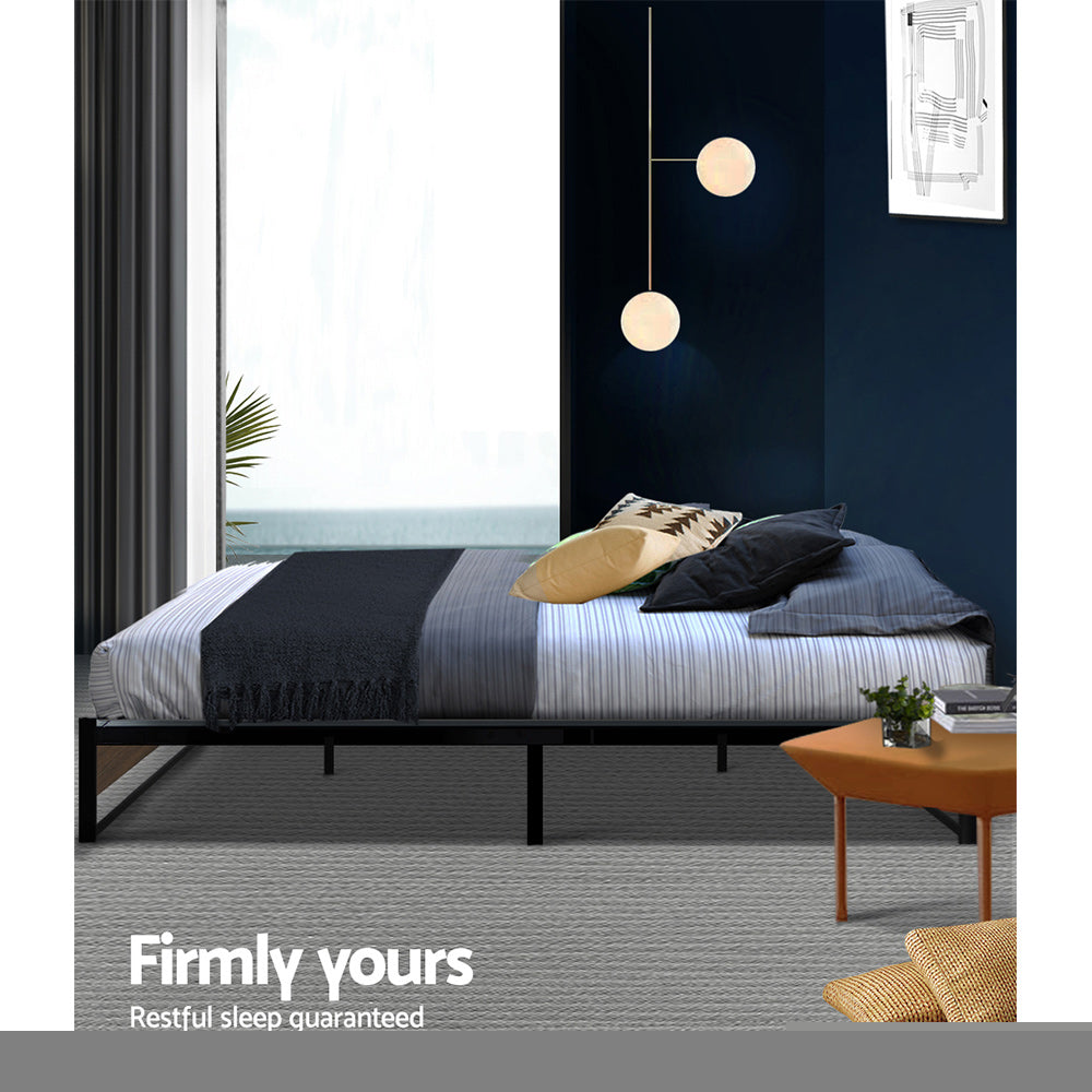 Double Bed Frame Industrial Metal & Wood Black Powder-Coated