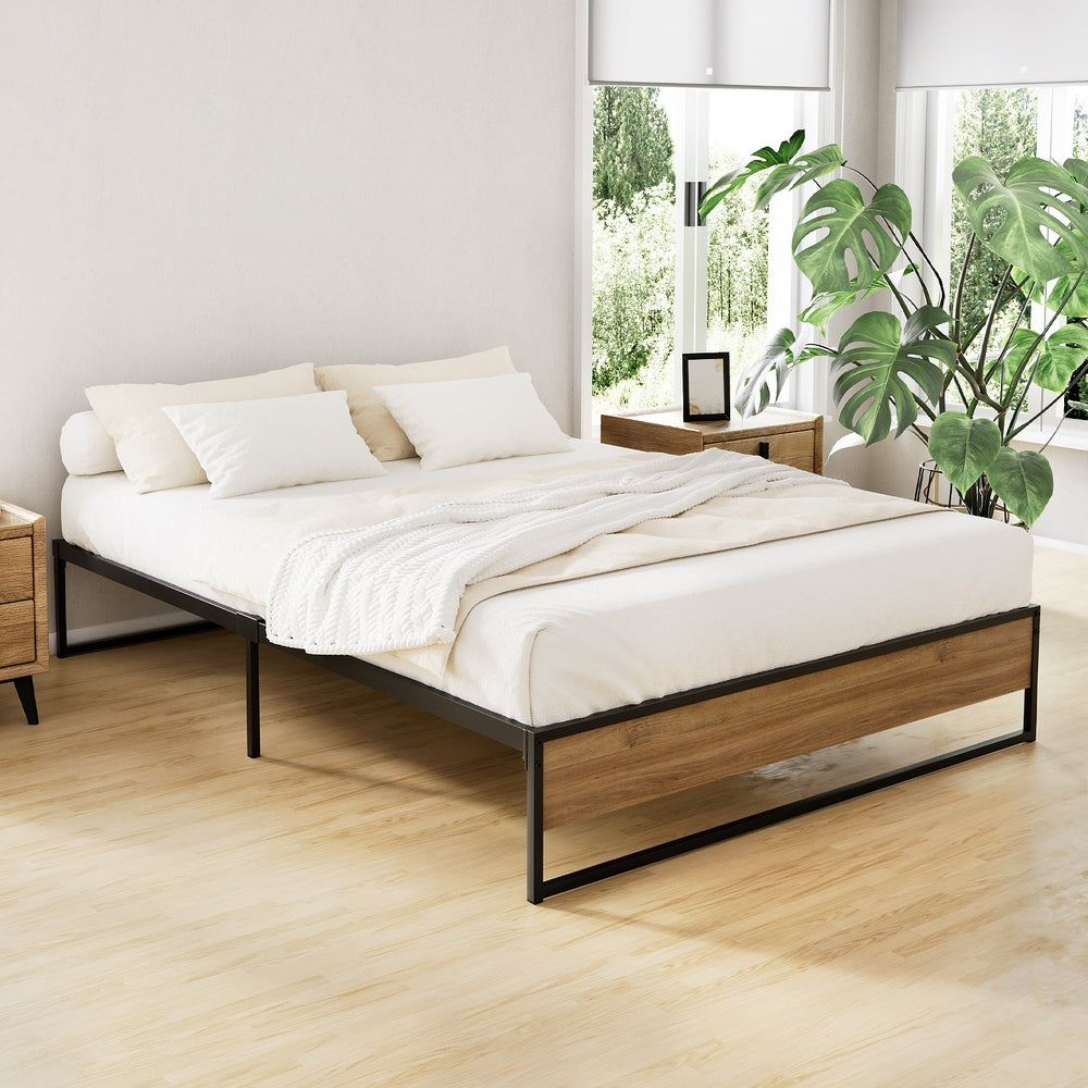 Double Bed Frame Industrial Metal & Wood Black Powder-Coated