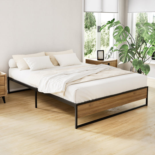 Double - Double Bed Frame Industrial Metal & Wood Black Powder-Coated