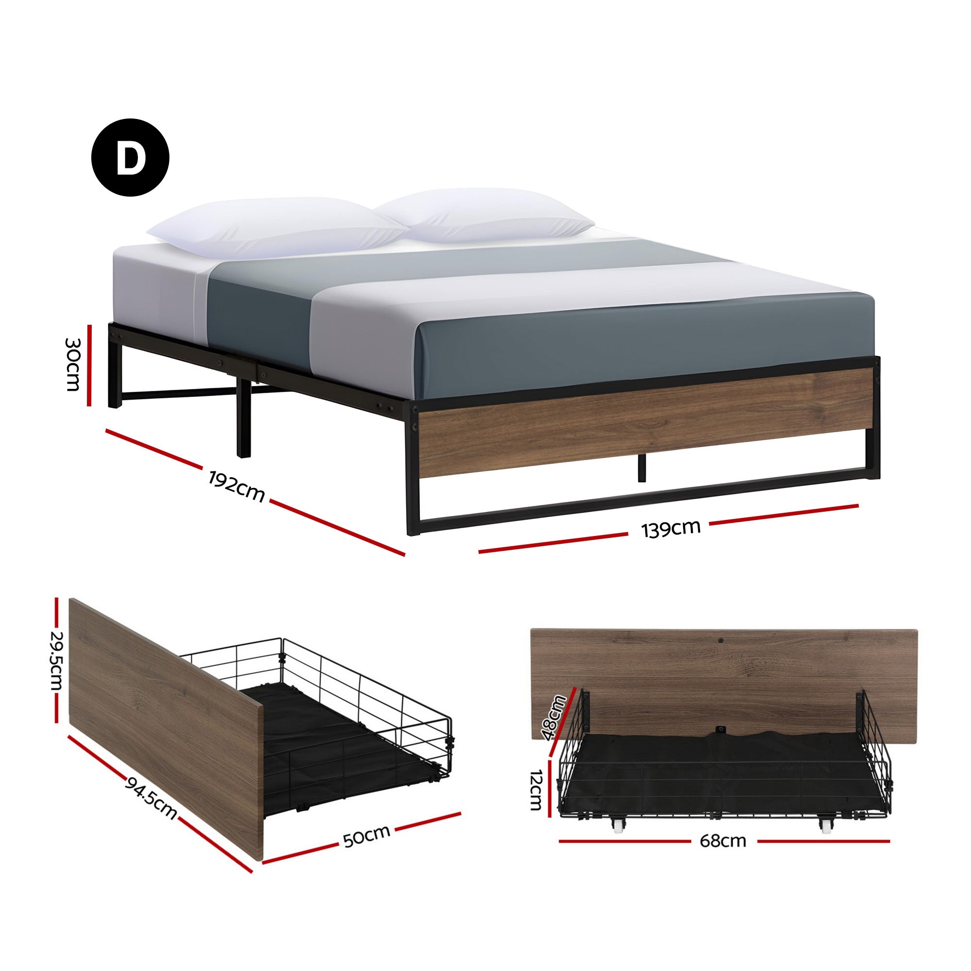 Artiss Oslo Double Bed Frame Metal 2 Drawers | Simpledeals