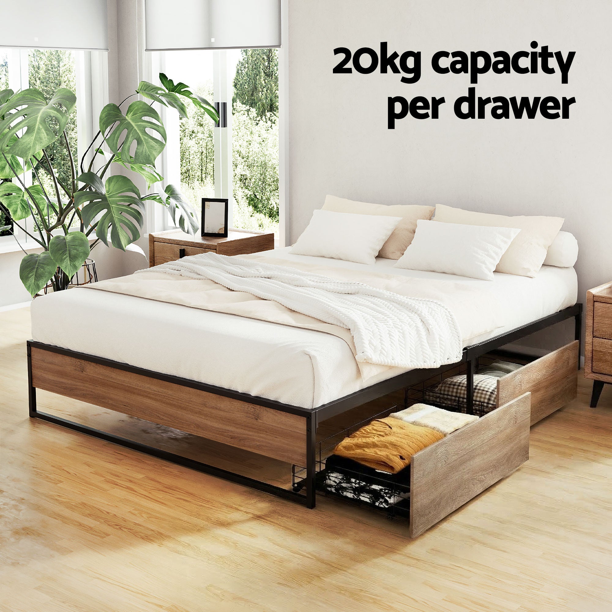 Artiss Oslo Double Bed Frame Metal 2 Drawers | Simpledeals