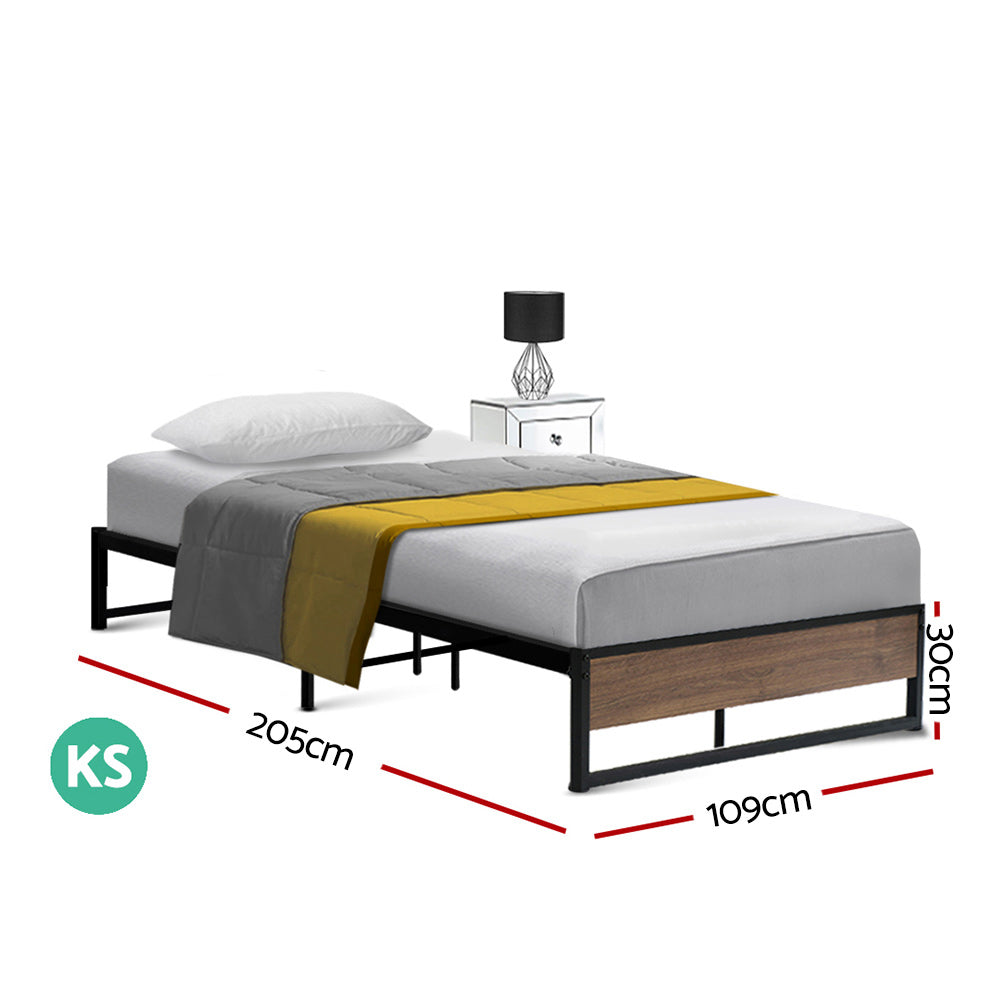King Single Bed Frame Industrial Metal & Wood Black Finish
