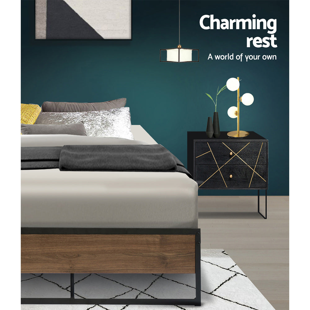 King Single Bed Frame Industrial Metal & Wood Black Finish