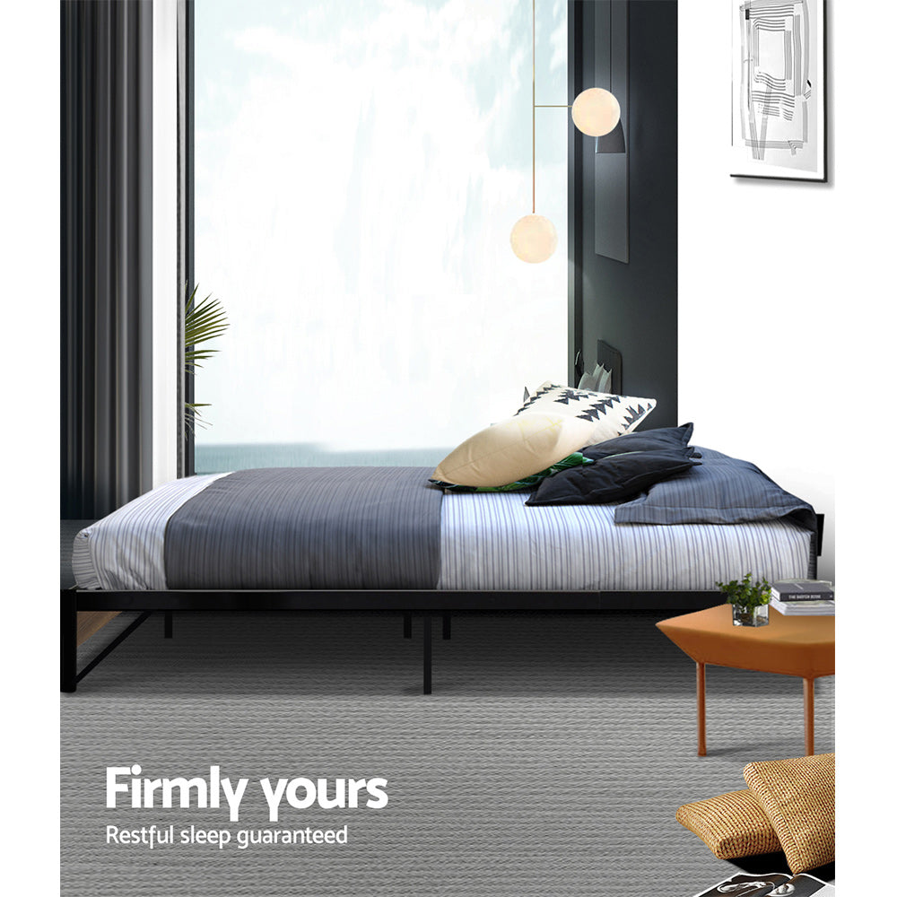 King Single Bed Frame Industrial Metal & Wood Black Finish