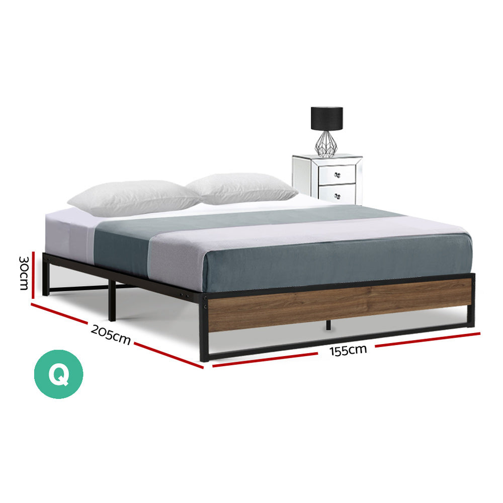 Queen Bed Frame Industrial Metal Wood Black Finish Platform Bed