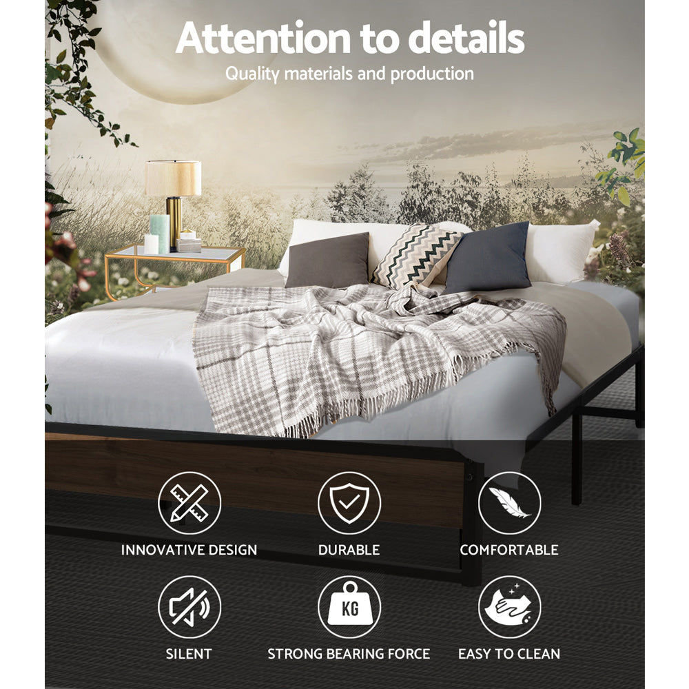 Queen Bed Frame Industrial Metal Wood Black Finish Platform Bed