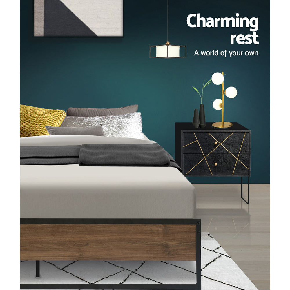 Queen Bed Frame Industrial Metal Wood Black Finish Platform Bed