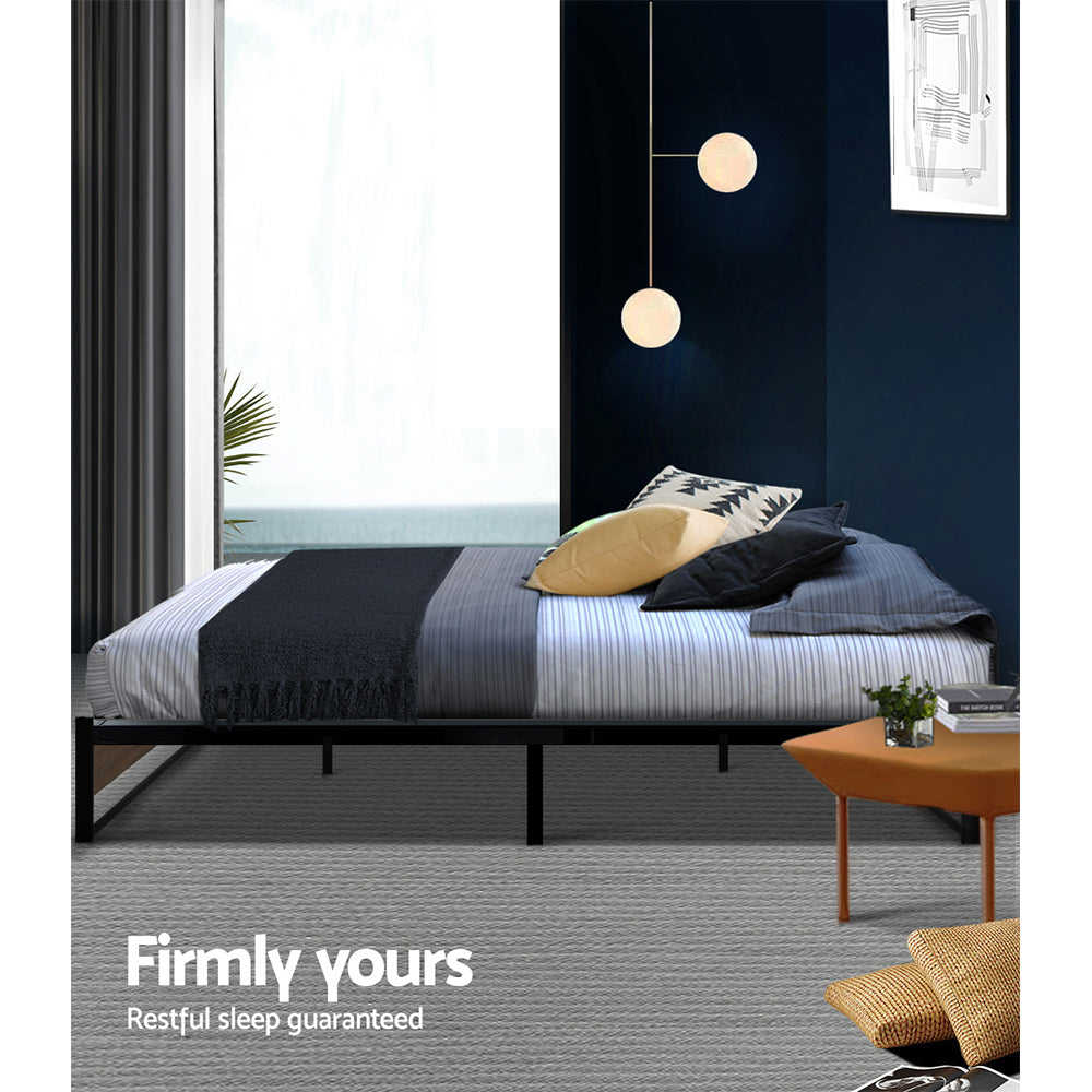 Queen Bed Frame Industrial Metal Wood Black Finish Platform Bed