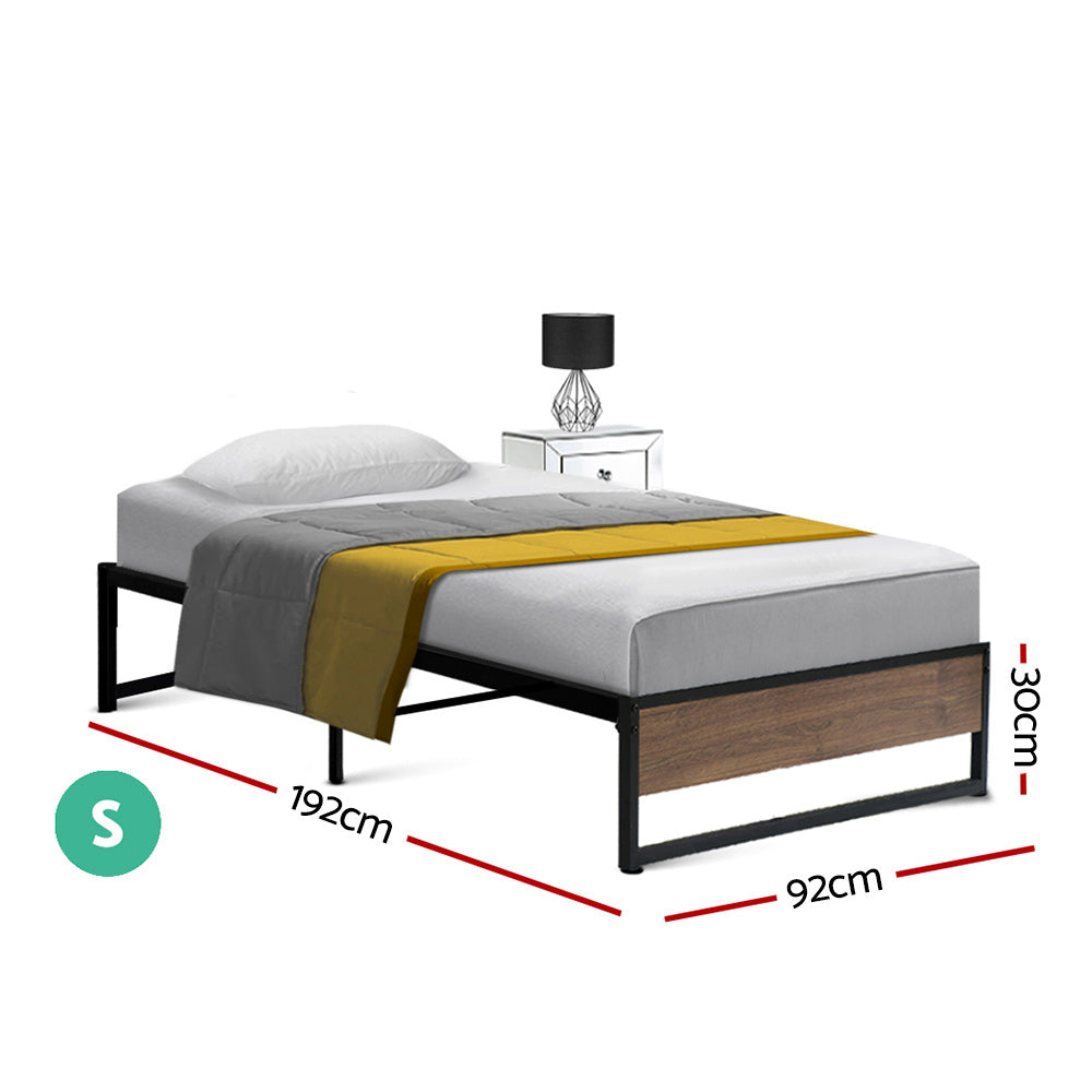 Single Bed Frame Industrial Metal & Wood Black Finish