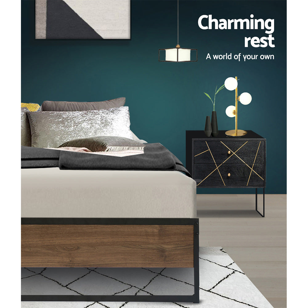 Single Bed Frame Industrial Metal & Wood Black Finish