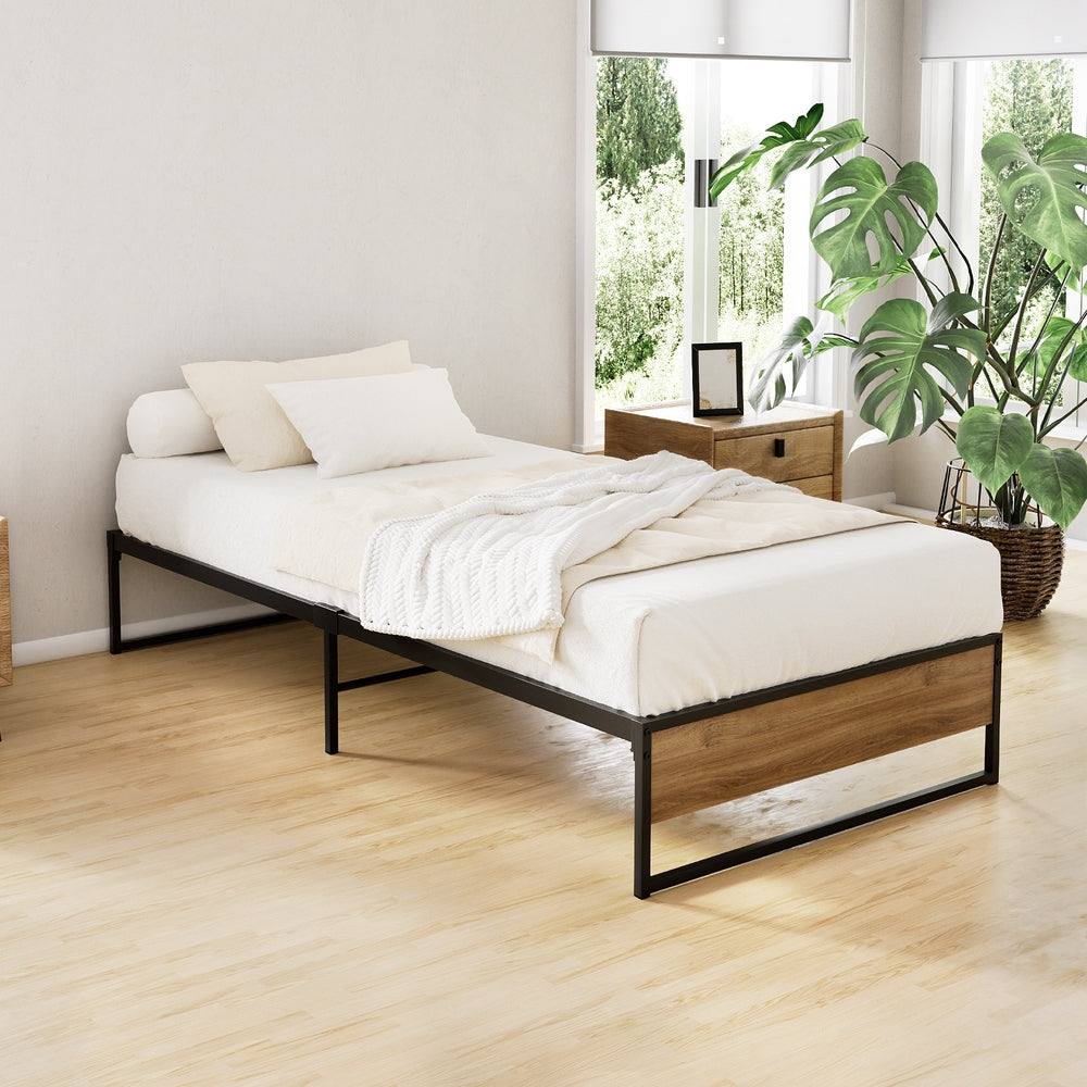 Single Bed Frame Industrial Metal & Wood Black Finish