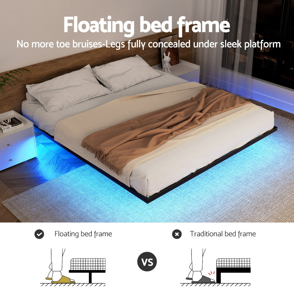 Floating Metal Bed Frame With Smart LED Lights Silent Platform-Double Size | Metal finish
