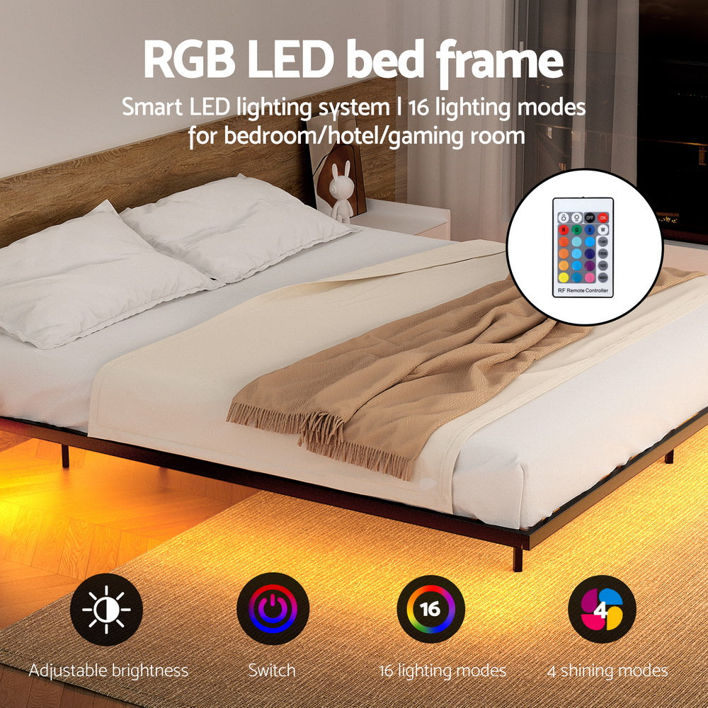 Floating Metal Bed Frame With Smart LED Lights Silent Platform-Double Size