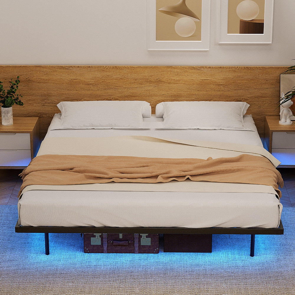 King Size Floating Metal Bed Frame With Smart LED Lights Silent Platform | King