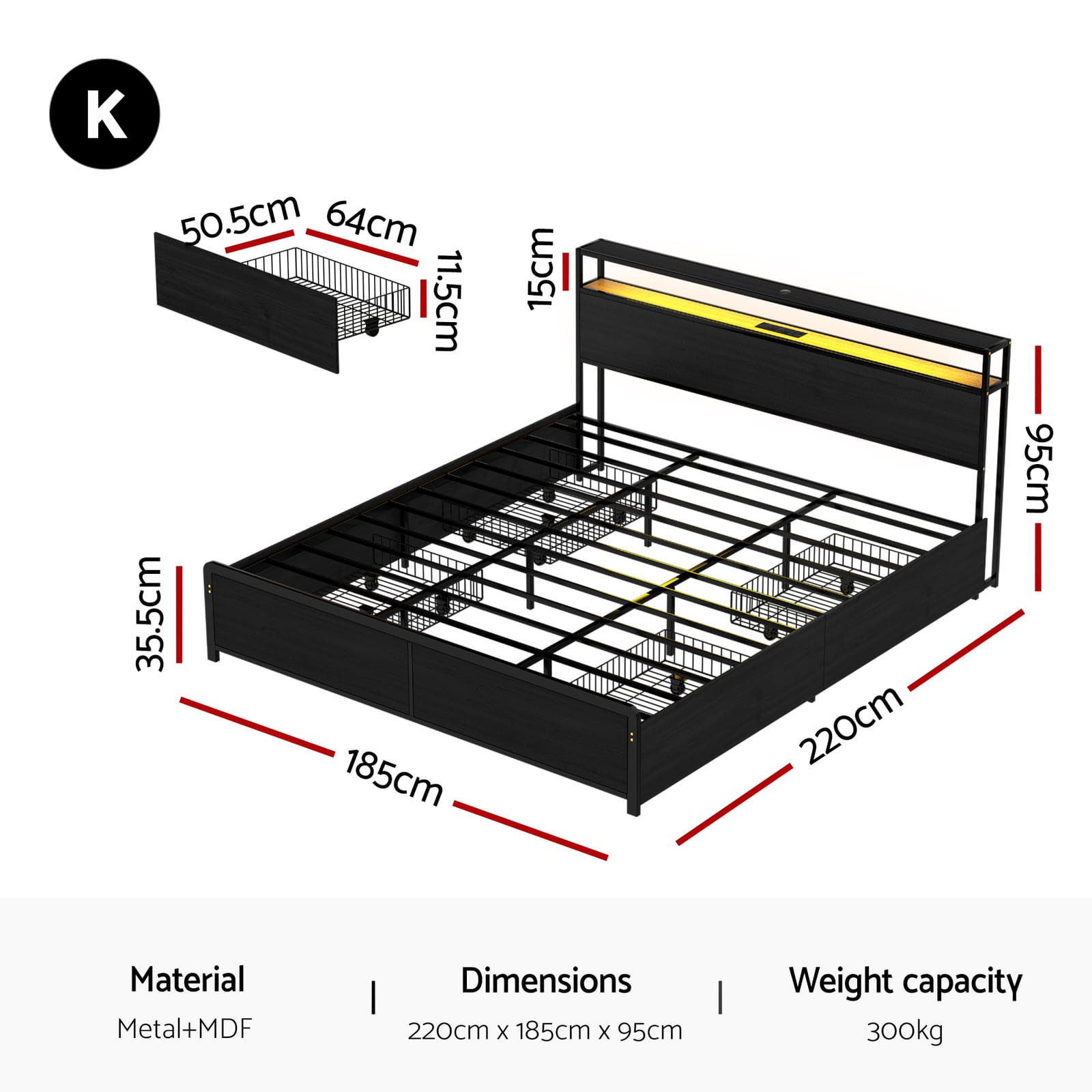 King Size Metal Bed Frame Storage 203x183cm