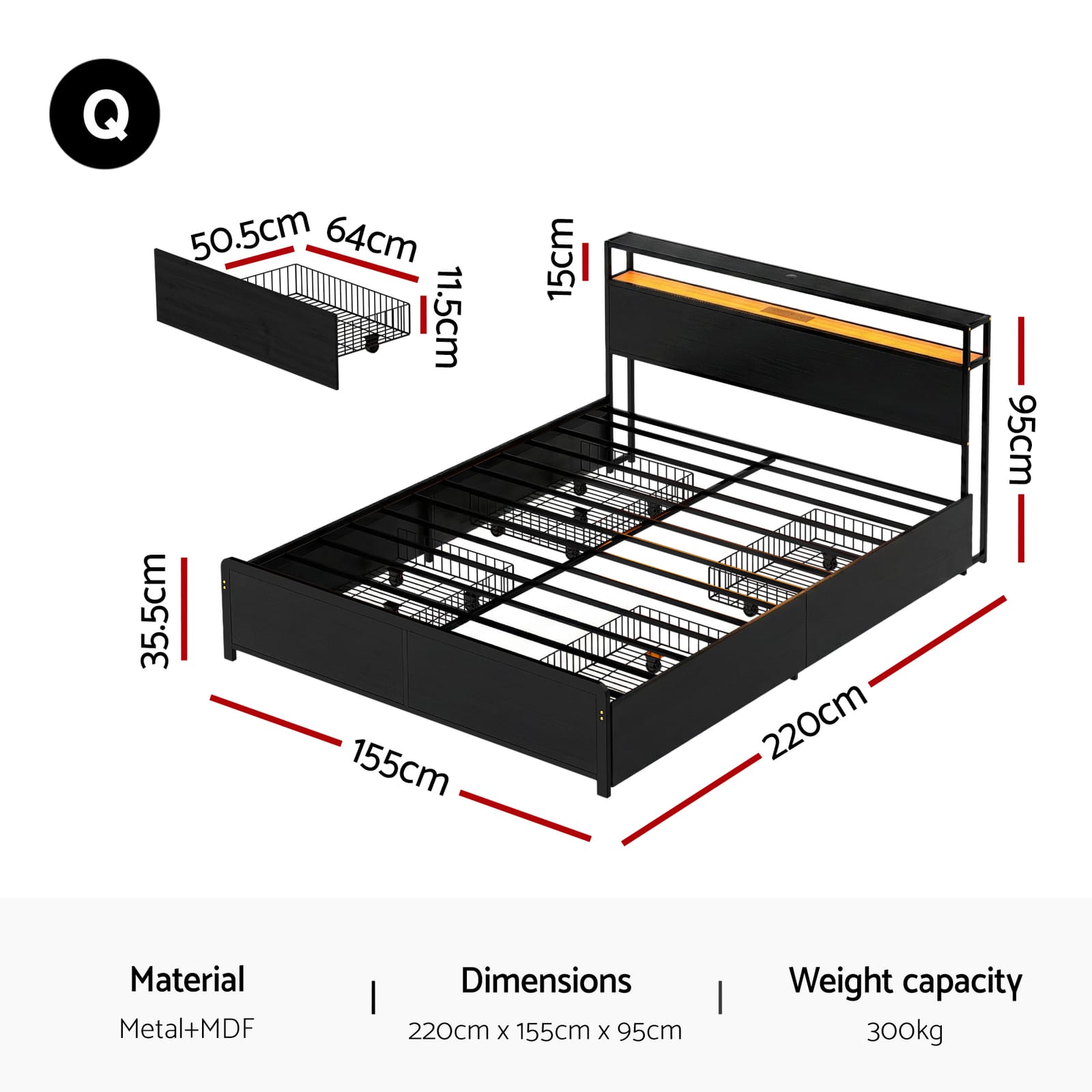 Queen Metal Bed Frame Storage 203x153cm