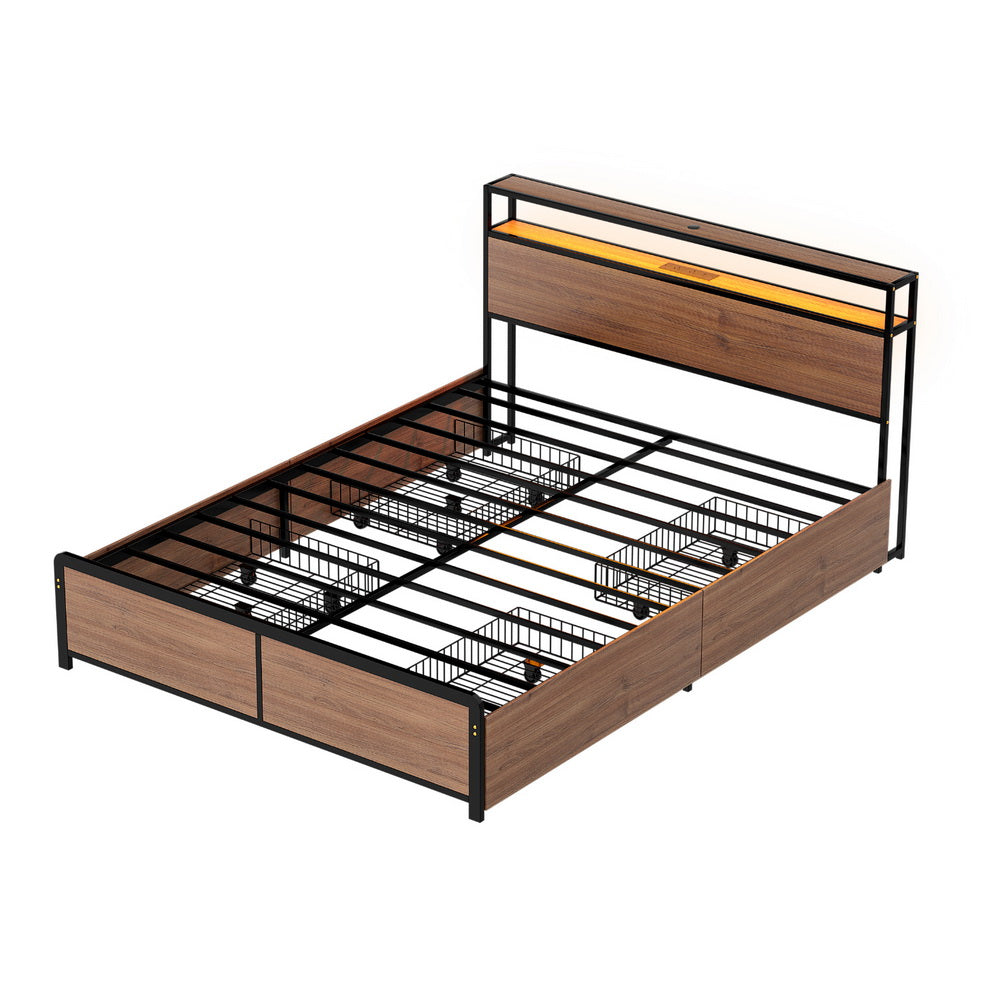 Metal Bed Frame with 2-Tier Storage Headboard