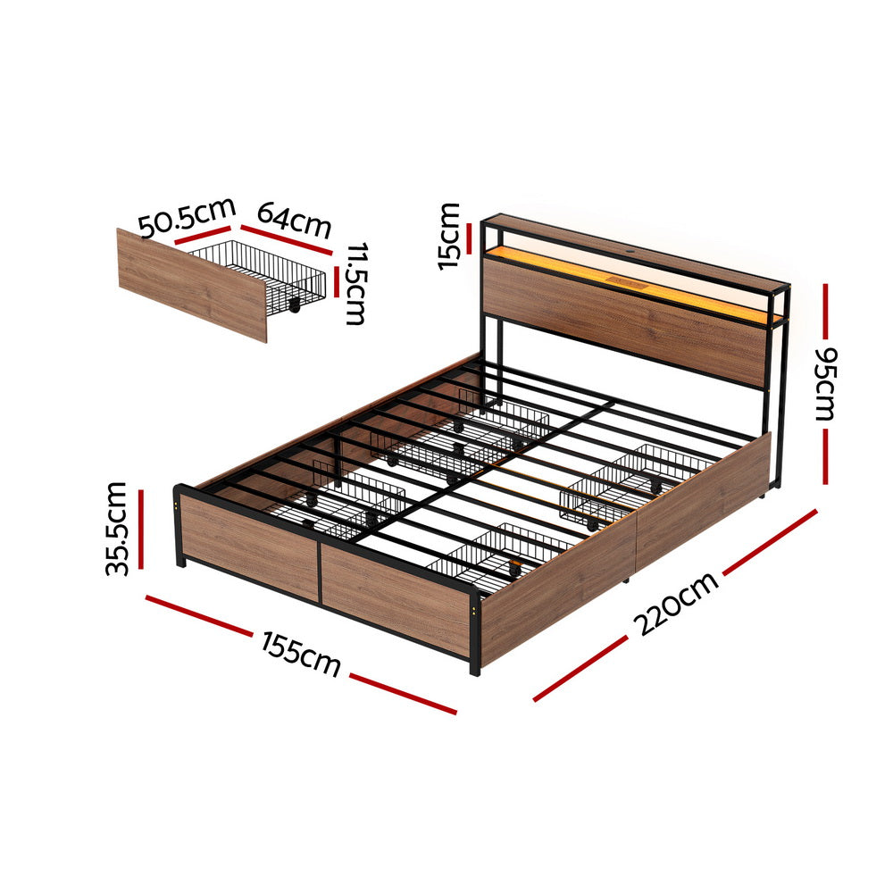 Metal Bed Frame with 2-Tier Storage Headboard
