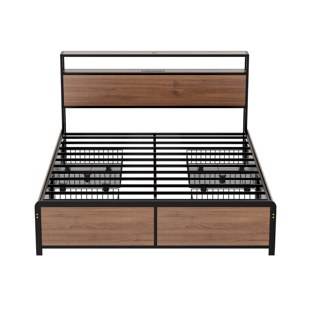 Metal Bed Frame with 2-Tier Storage Headboard