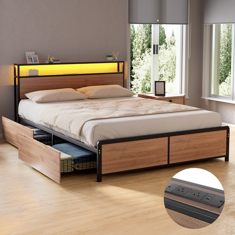 Metal Bed Frame with 2-Tier Storage Headboard