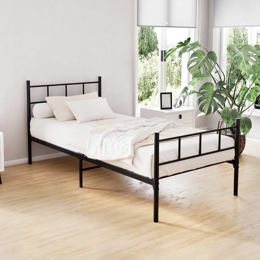 Single Bed Frame Industrial Metal Black with Storage