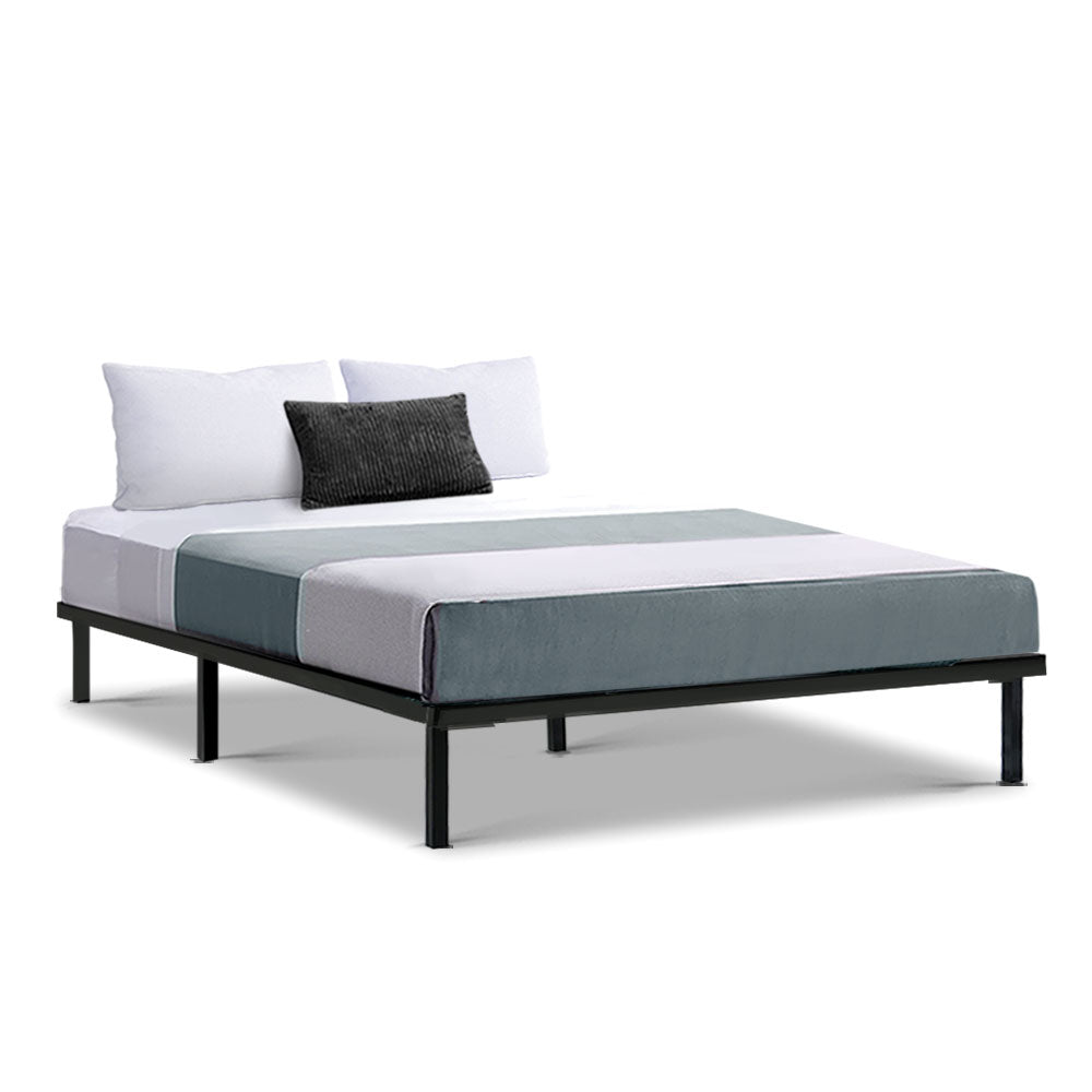 Beds & Bed Frames - Double Metal Bed Frame Black Sturdy Steel Base with Wooden Slats
