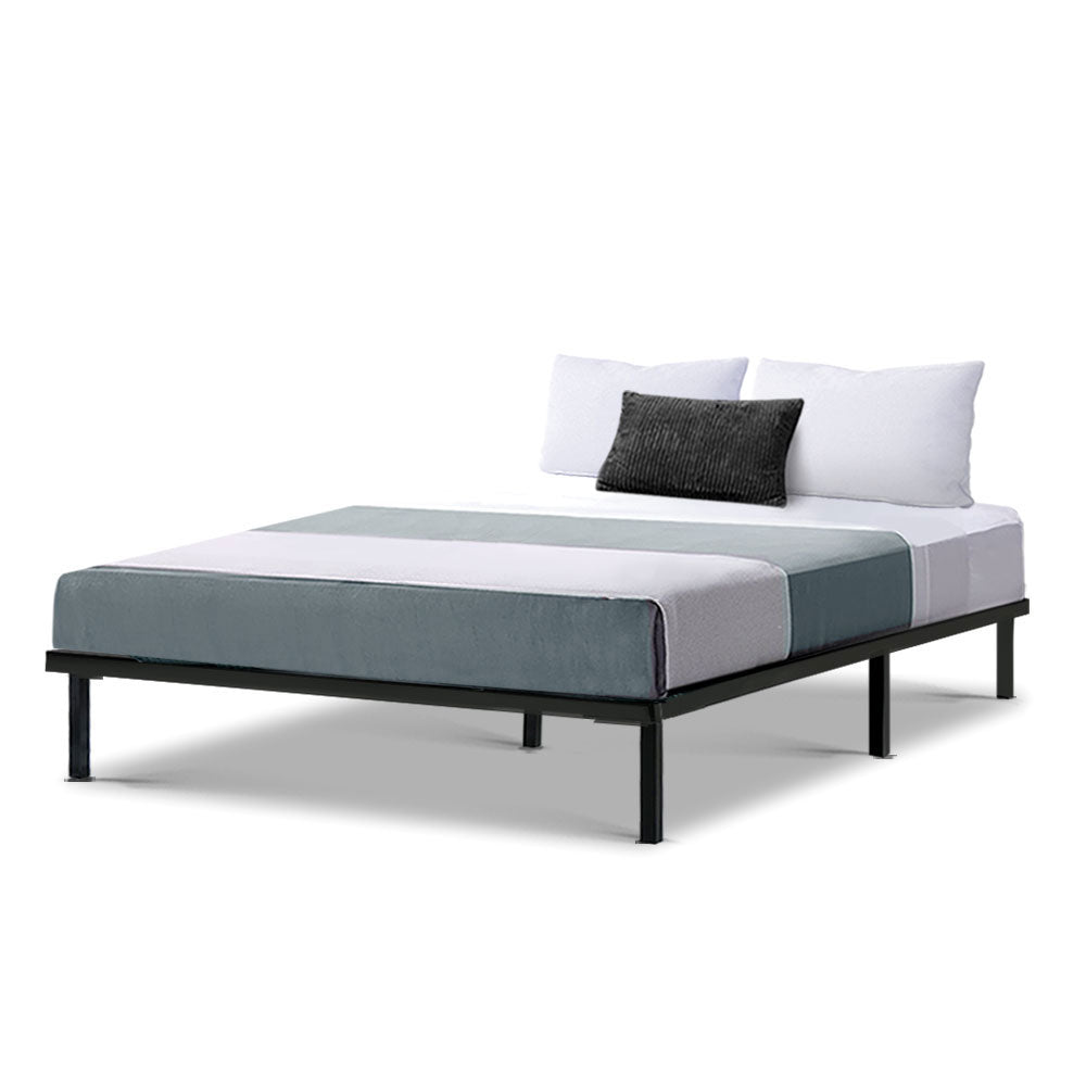 Double Metal Bed Frame Black Sturdy Steel Base with Wooden Slats, Black colour