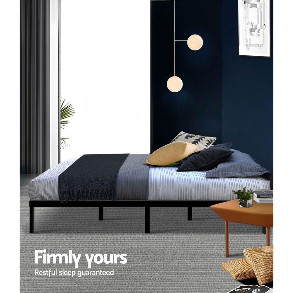 Size Ted - Double Metal Bed Frame Black Sturdy Steel Base with Wooden Slats