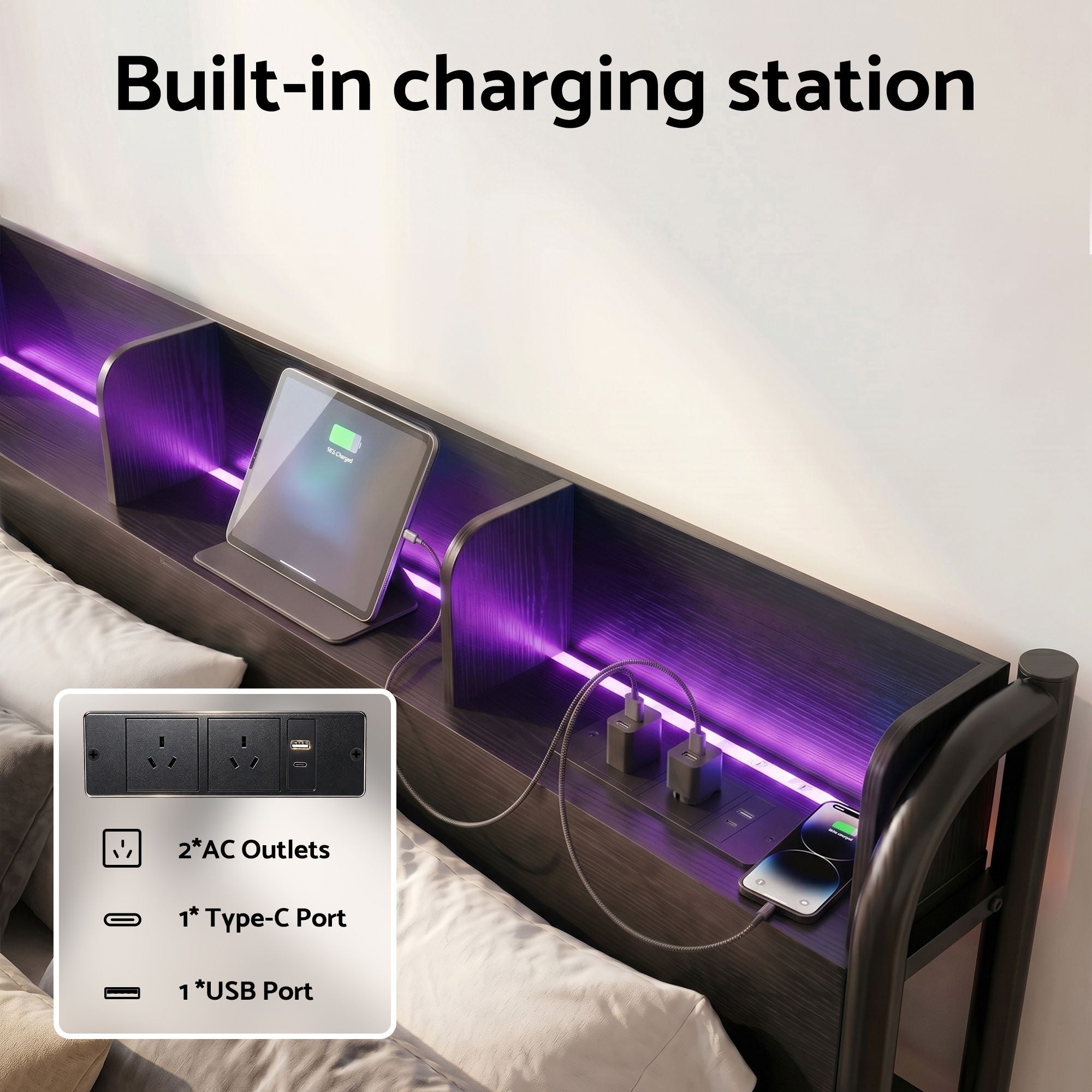 Single Bed Frame LED Charging Station Black | Simpledeals