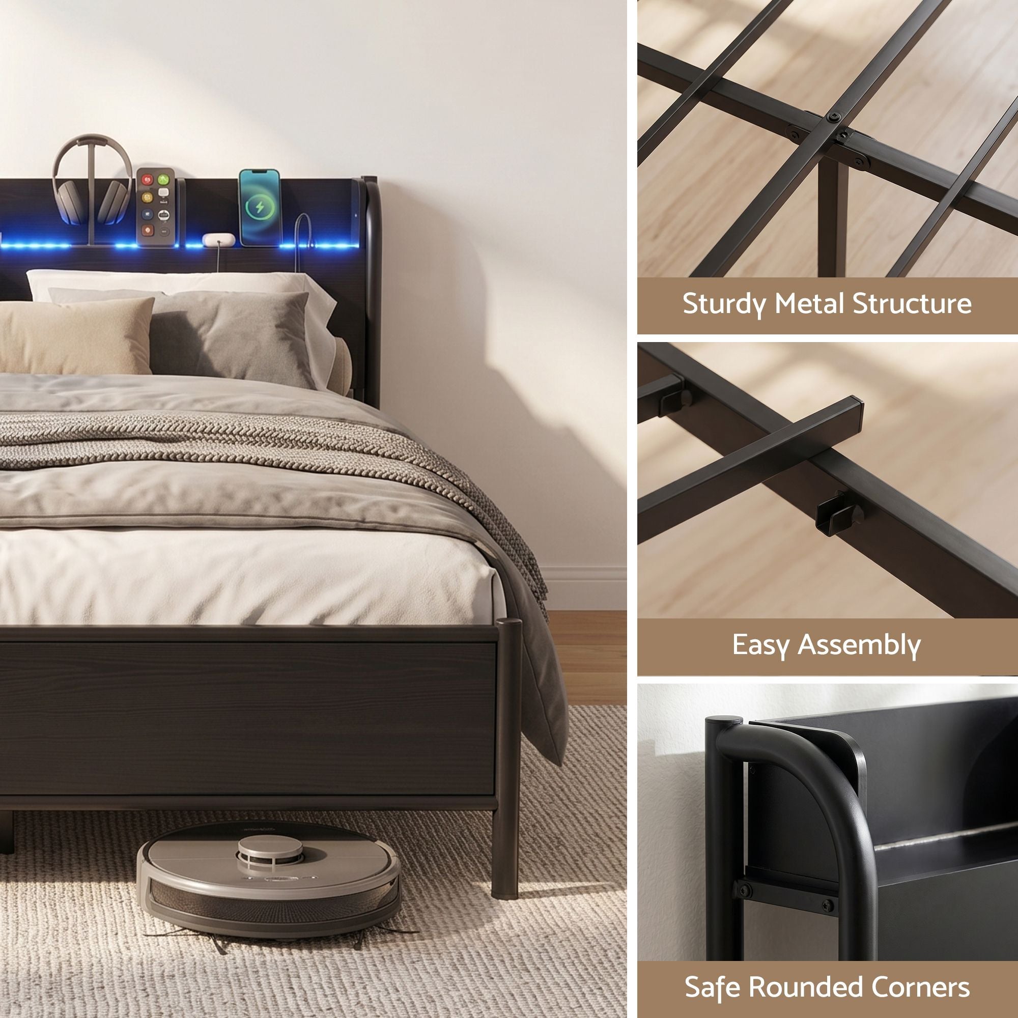 Single Bed Frame LED Charging Station Black | Simpledeals