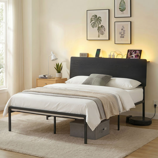 Queen LED Bed Frame Charging Station Black - Beds & Bed Frames