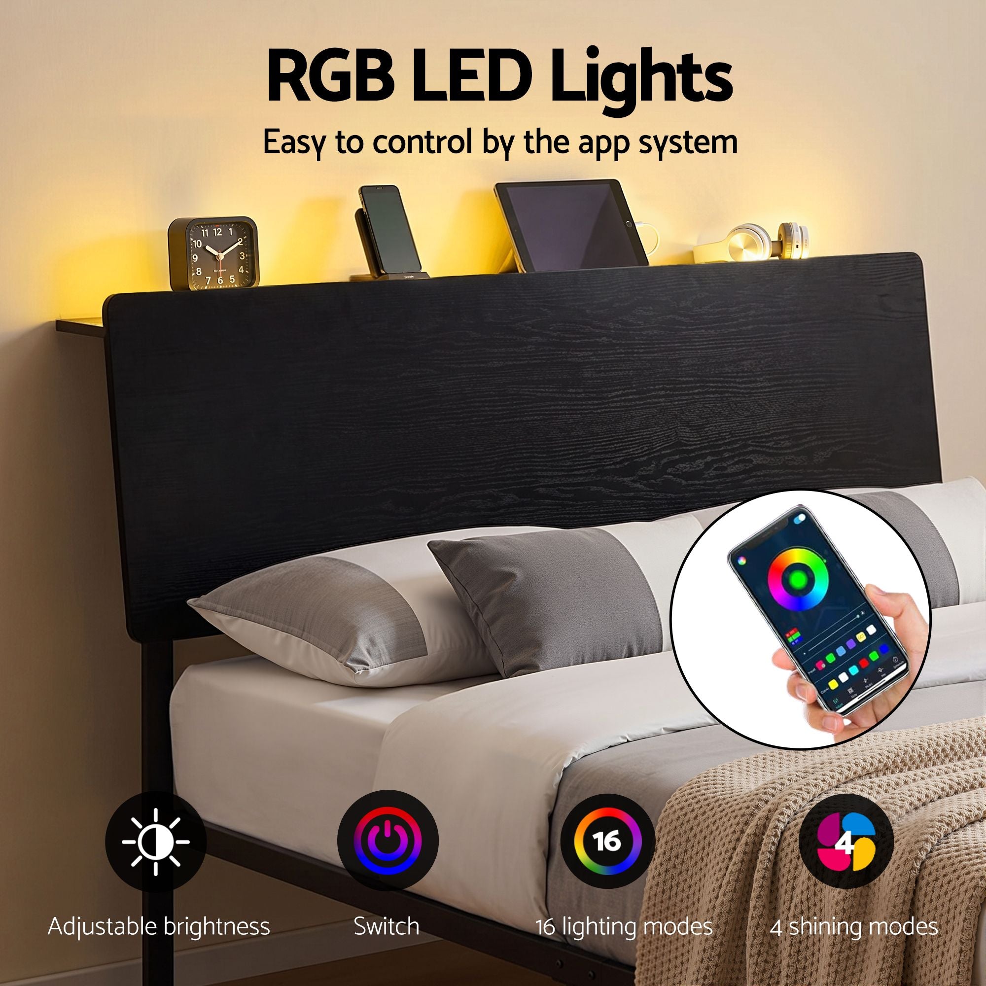 Queen LED Bed Frame Charging Station Black | Simpledeals