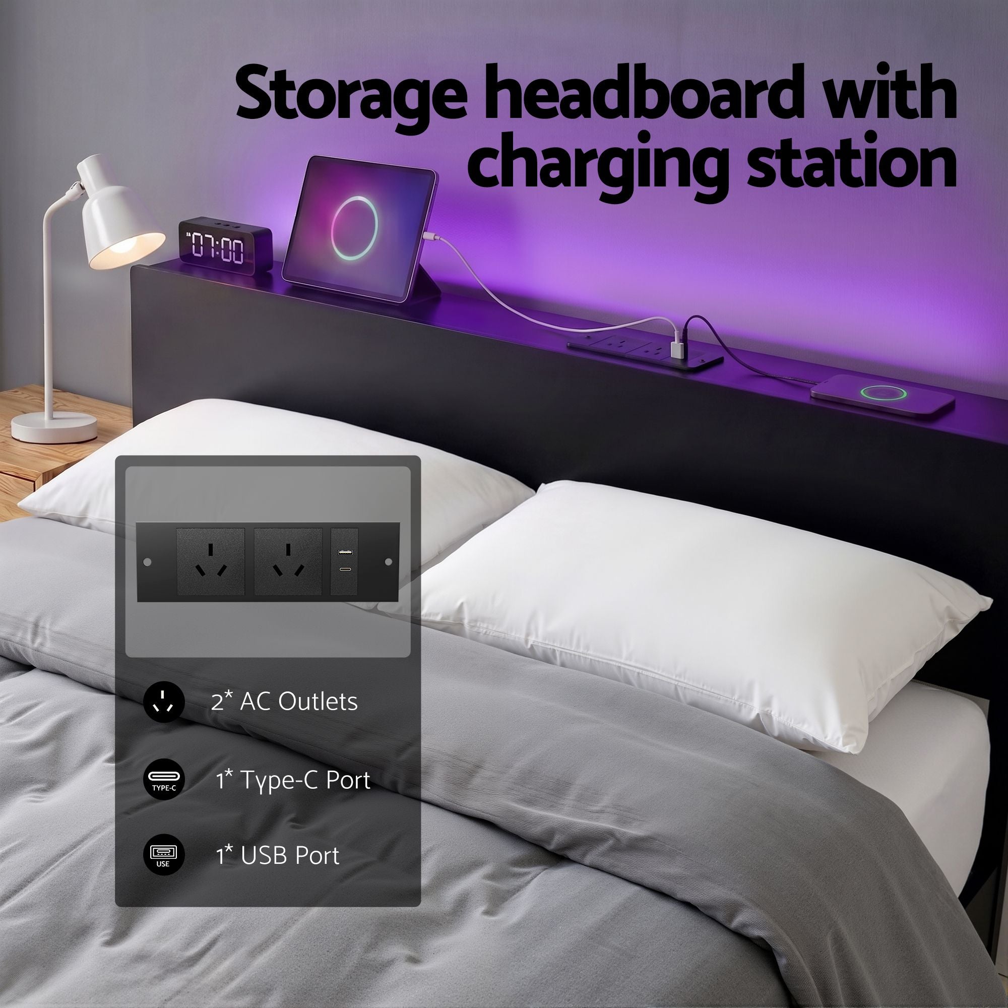 Queen LED Bed Frame Charging Station Black | Simpledeals