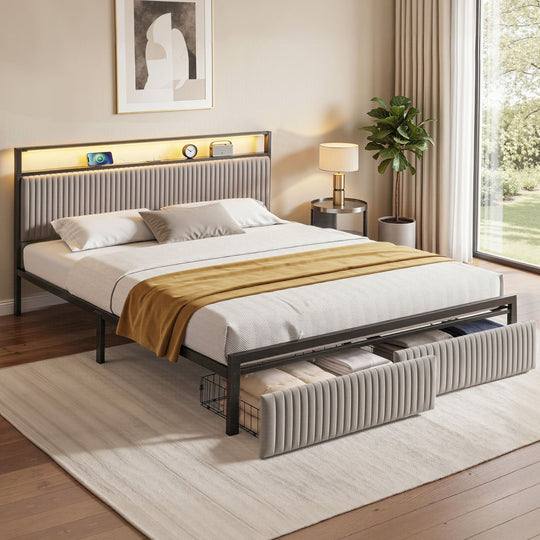 King Bed Frame LED Charging Station 2 Drawers - Beds & Bed Frames