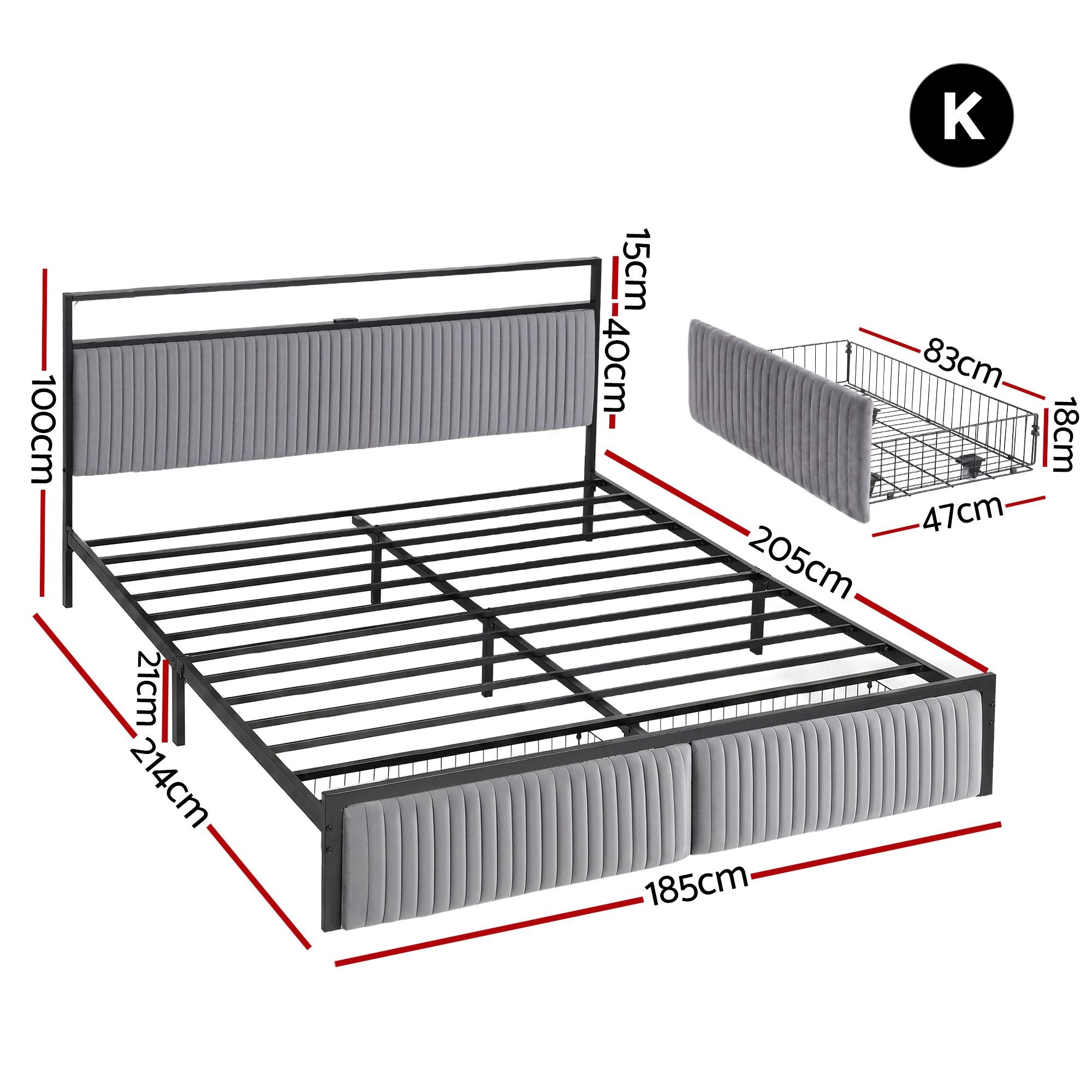 King Bed Frame LED Charging Station 2 Drawers | Simpledeals