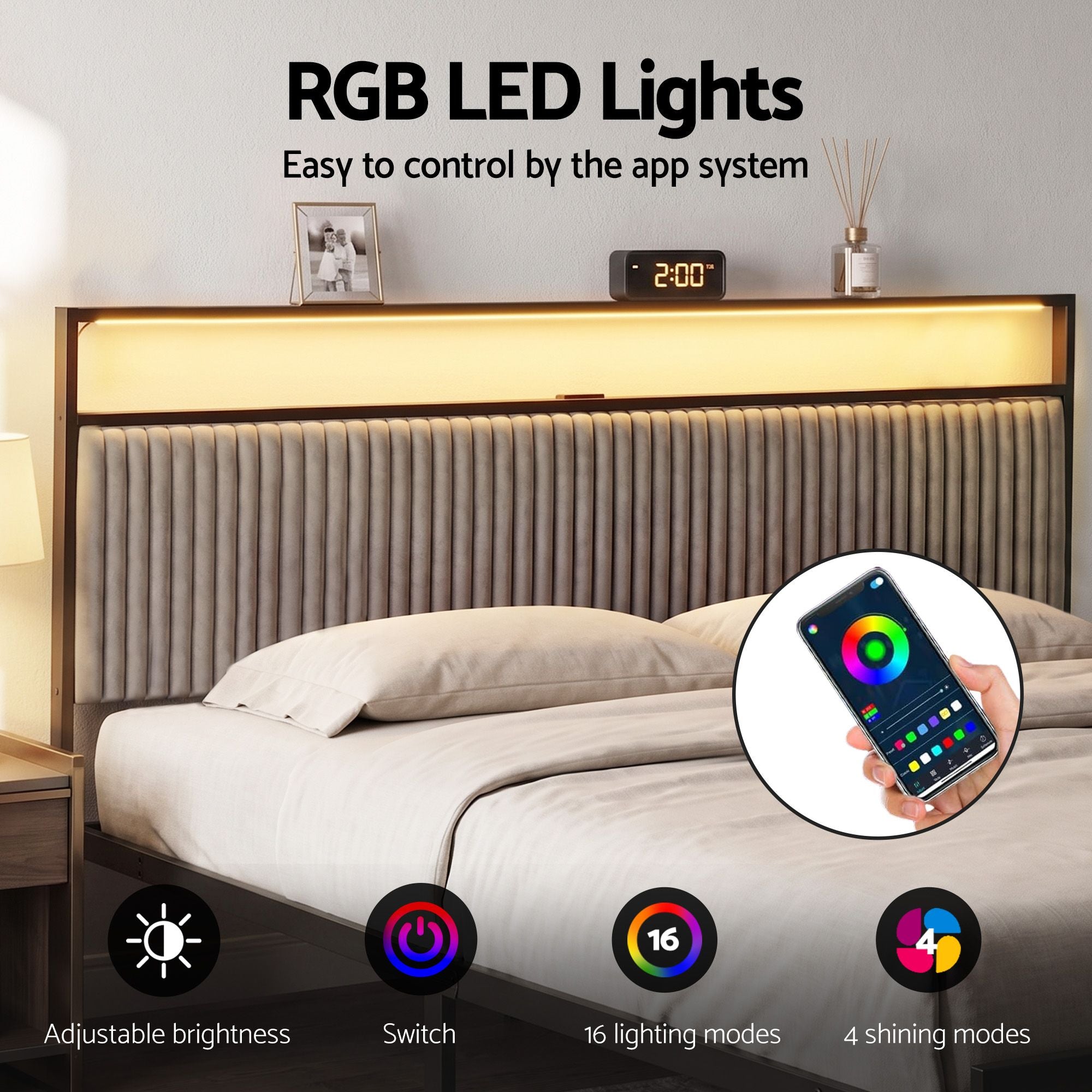 King Bed Frame LED Charging Station 2 Drawers | Simpledeals