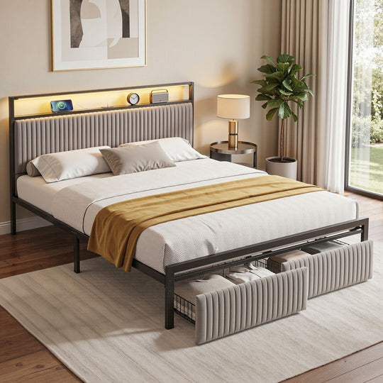 Queen Bed Frame LED Lights USB Charging Drawers - Beds & Bed Frames
