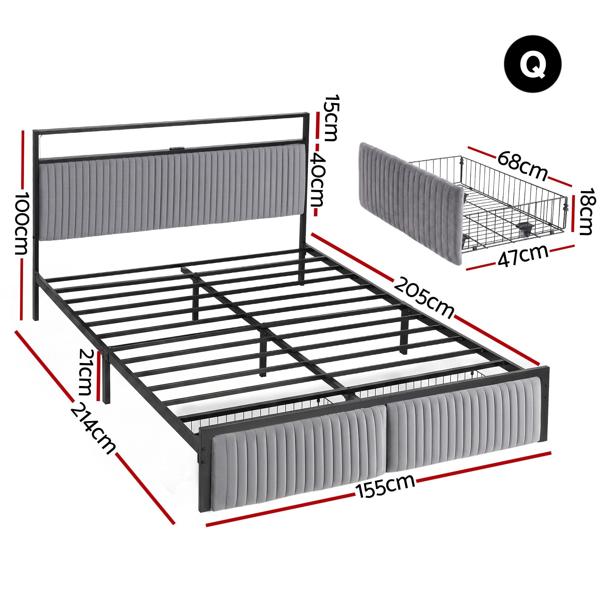 Queen Bed Frame LED Lights USB Charging Drawers | Simpledeal