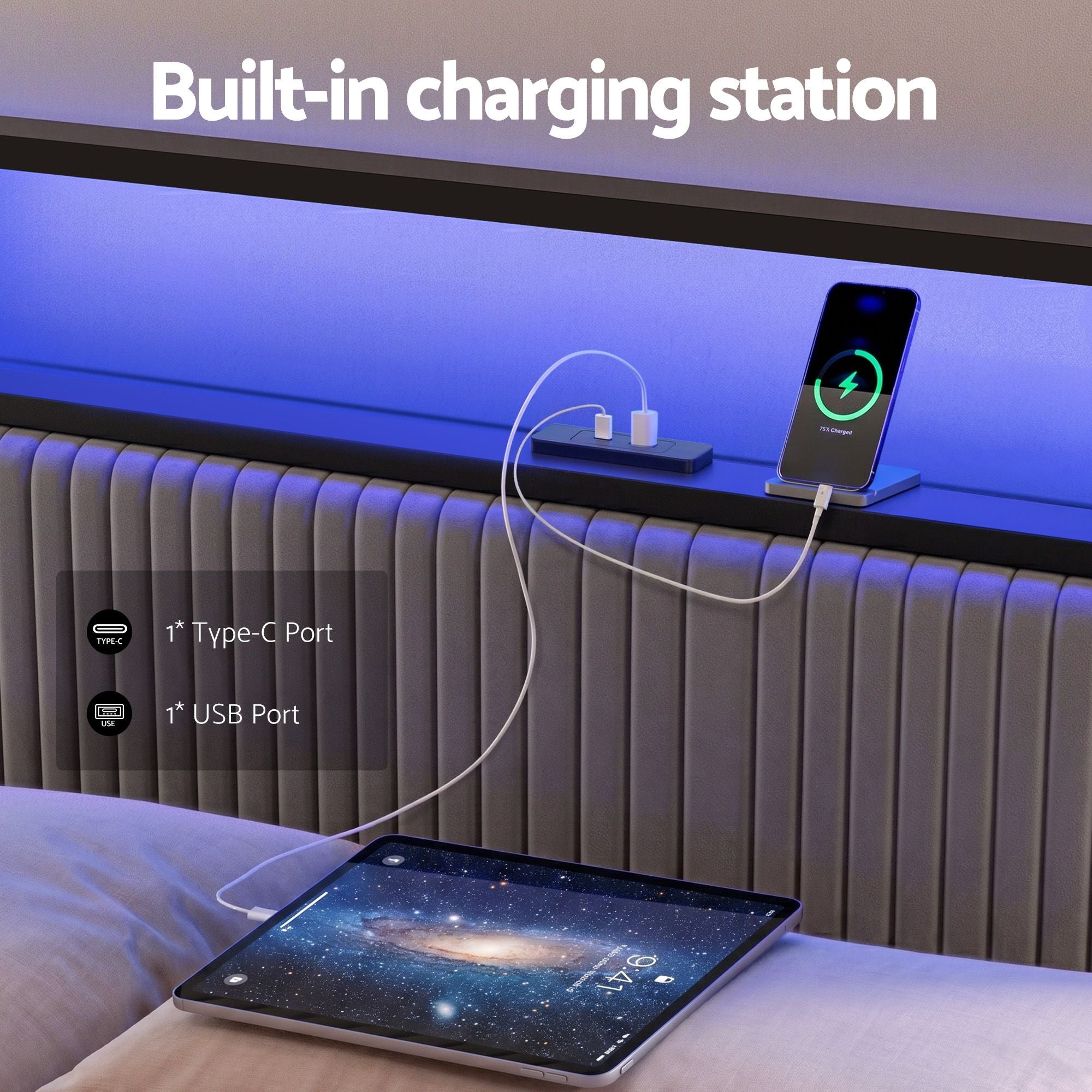 Queen Bed Frame LED Lights USB Charging Drawers | Simpledeal