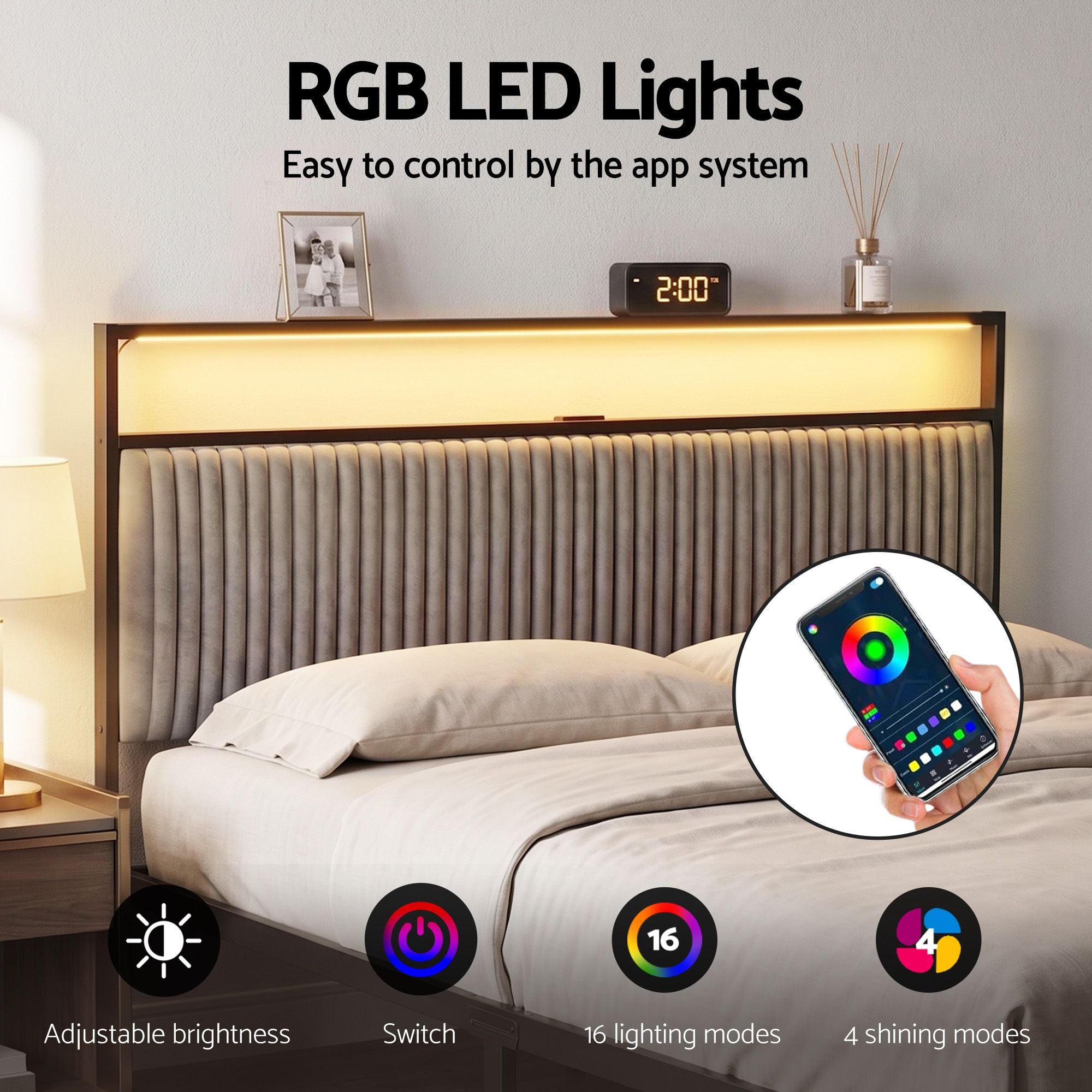 Queen Bed Frame LED Lights USB Charging Drawers | Simpledeal