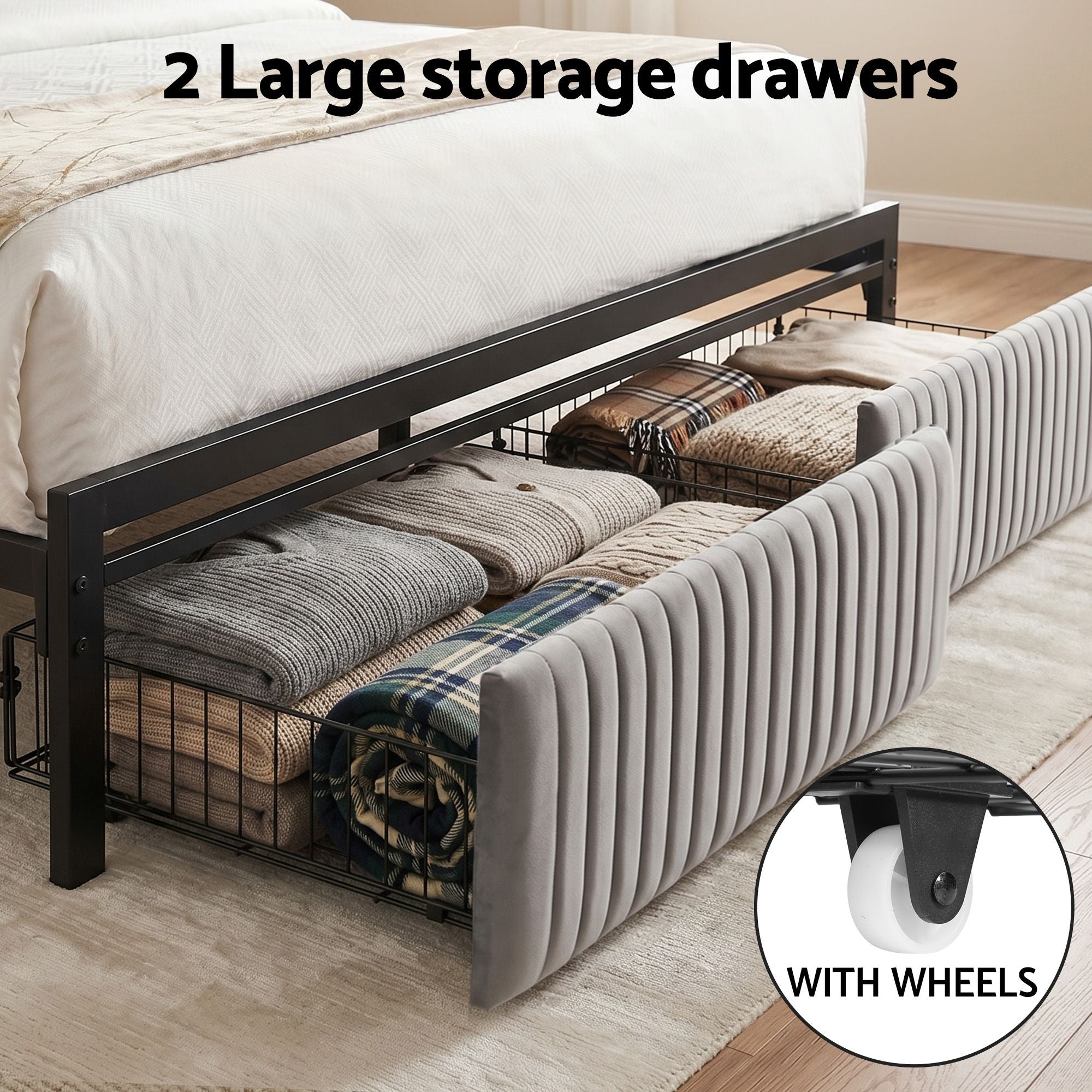 Queen Bed Frame LED Lights USB Charging Drawers | Simpledeal