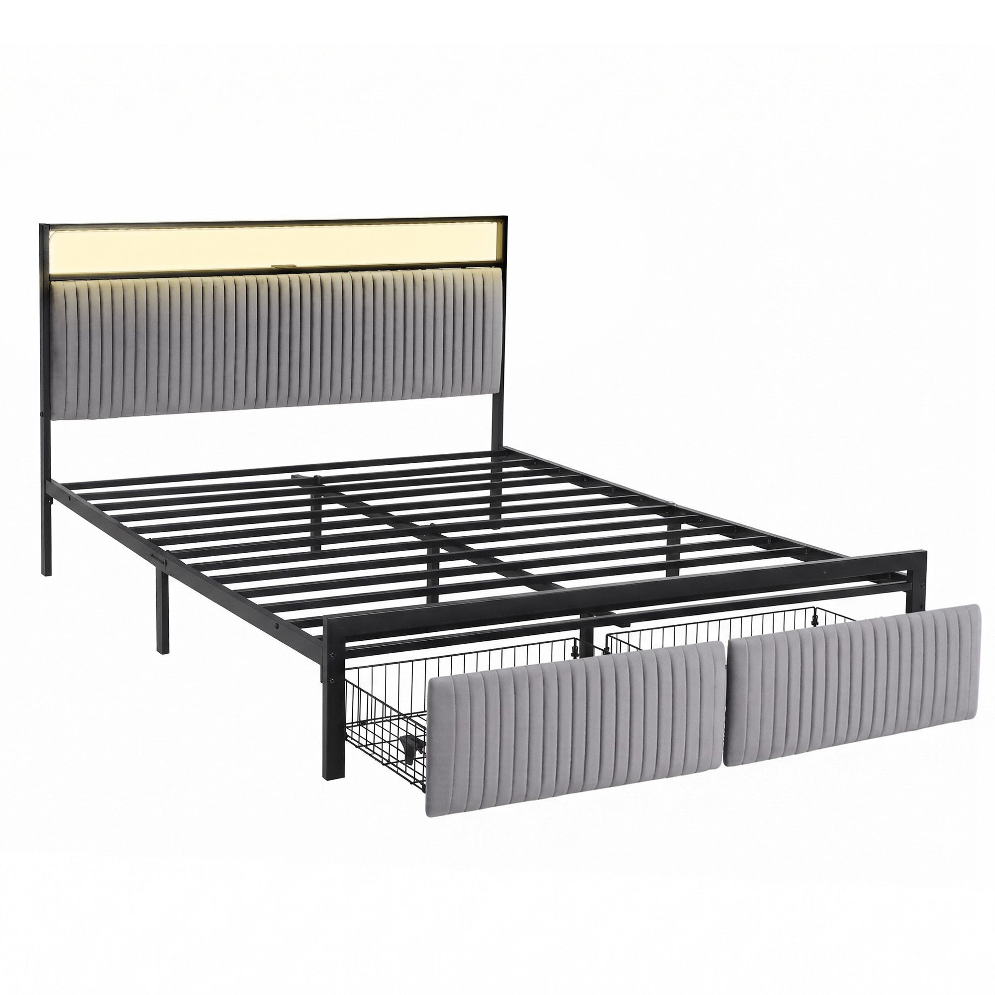 Queen Bed Frame LED Lights USB Charging Drawers | Simpledeal