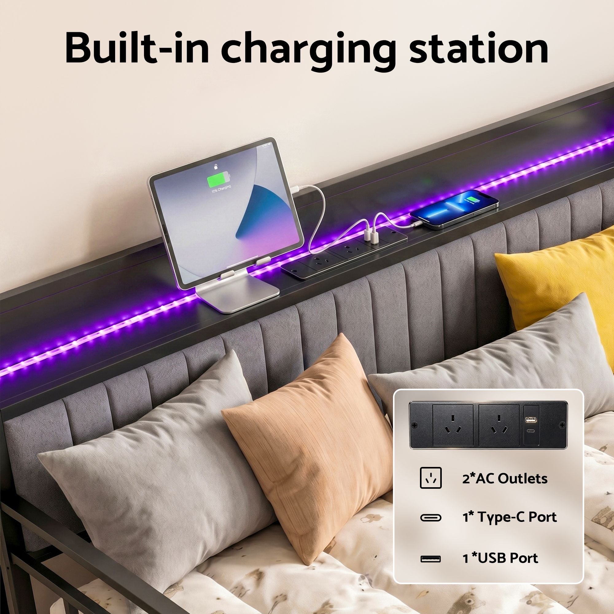 Double LED Trundle Daybed Charging Station | Simpledeals